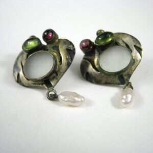 Vintage 925 Sterling Silver Earrings Garnet Stone Frosted Glass Pearl Dangles